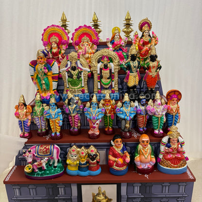 Dismantable 5 step Temple Gopuram Golu Padi with Clay Golu Dolls | 24 inches Width - DGP31