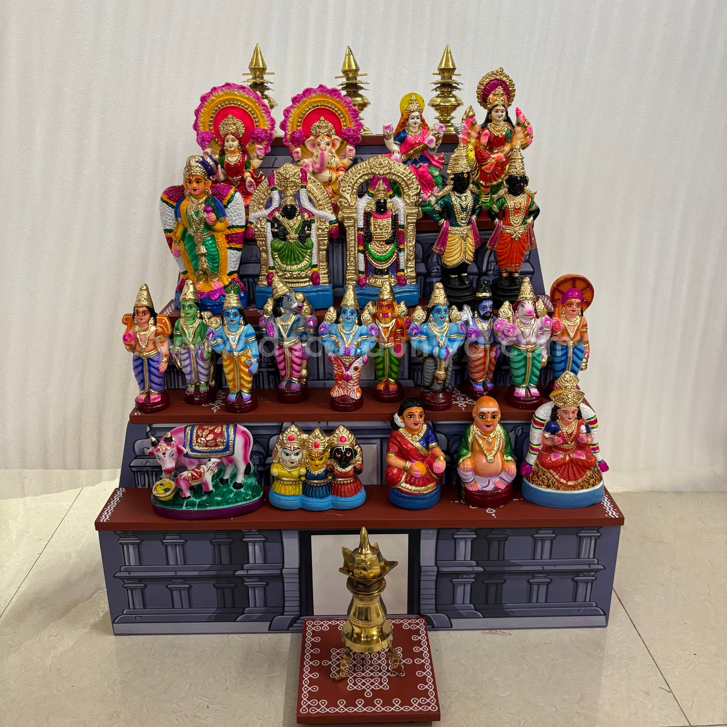 Dismantable 5 step Temple Gopuram Golu Padi with Clay Golu Dolls | 24 inches Width - DGP31