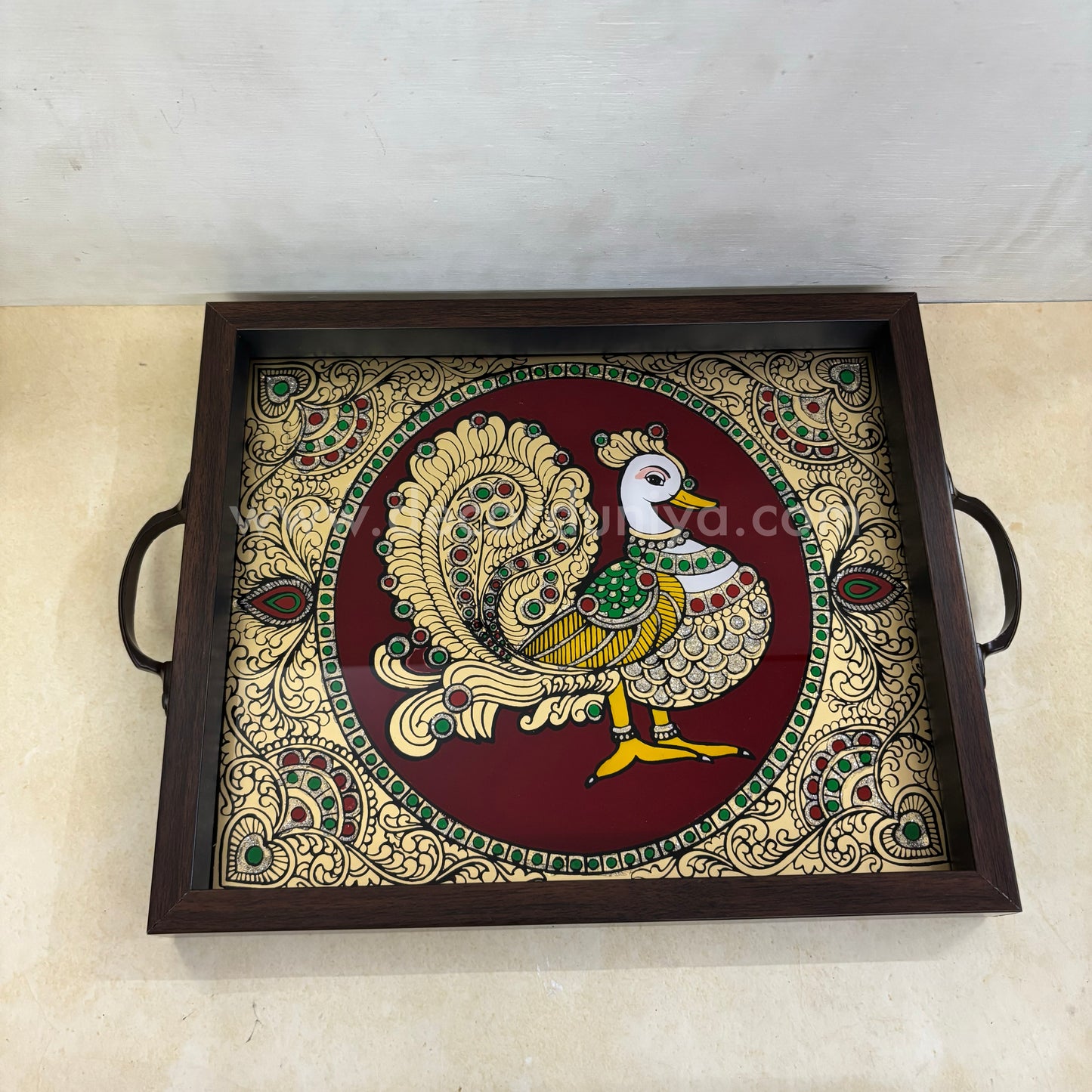 Multipurpose Peacock Tray | Reverse Glass Painting | Tanjore Artwork - PVK9
