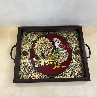 Multipurpose Peacock Tray | Reverse Glass Painting | Tanjore Artwork - PVK9