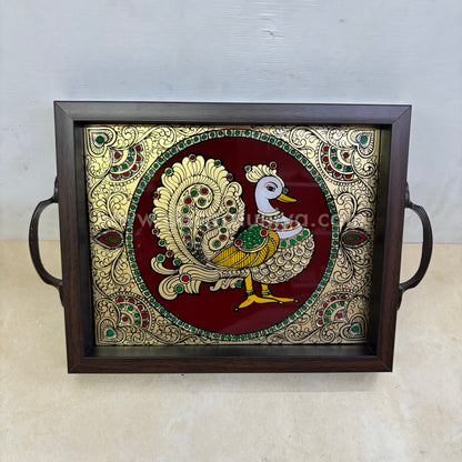 Multipurpose Peacock Tray | Reverse Glass Painting | Tanjore Artwork - PVK5