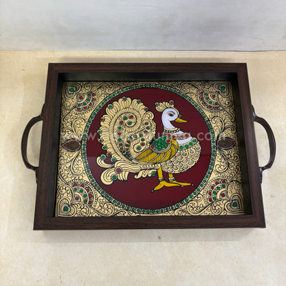 Multipurpose Peacock Tray | Reverse Glass Painting | Tanjore Artwork - PVK5