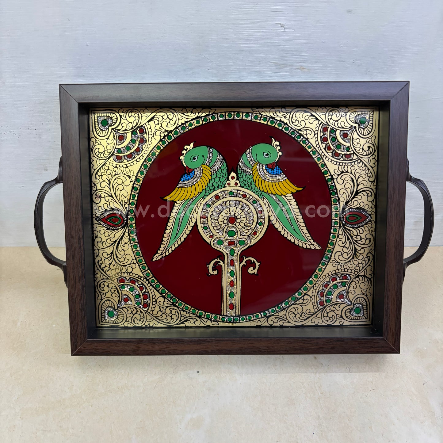Multipurpose Double Parrot Tray | Reverse Glass Painting | Tanjore Artwork - PVK7