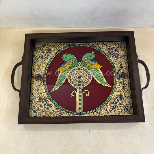 Multipurpose Double Parrot Tray | Reverse Glass Painting | Tanjore Artwork - PVK7