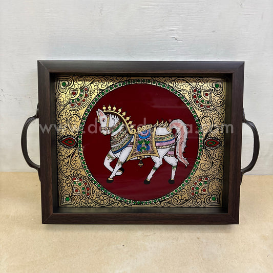 Multipurpose Horse Tray | Reverse Glass Painting | Tanjore Artwork - PVK8