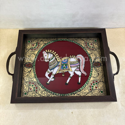 Multipurpose Horse Tray | Reverse Glass Painting | Tanjore Artwork - PVK8