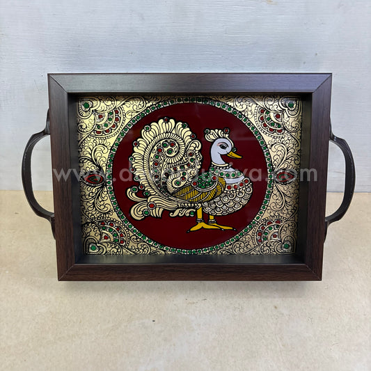 Multipurpose Peacock Tray | Reverse Glass Painting | Tanjore Artwork - PVK1