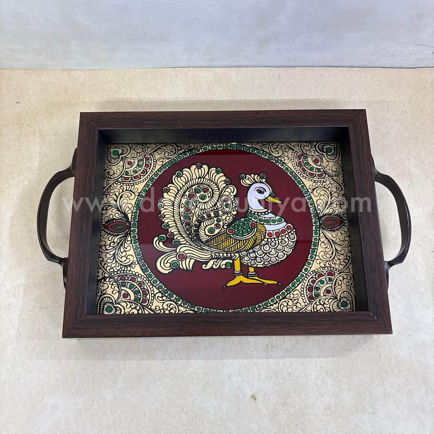Multipurpose Peacock Tray | Reverse Glass Painting | Tanjore Artwork - PVK1
