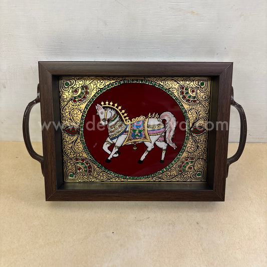 Multipurpose Horse Tray | Reverse Glass Painting | Tanjore Artwork - PVK4