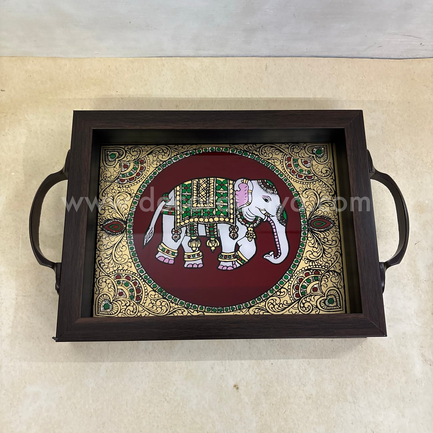 Multipurpose Elephant Tray | Reverse Glass Painting | Tanjore Artwork - PVK2
