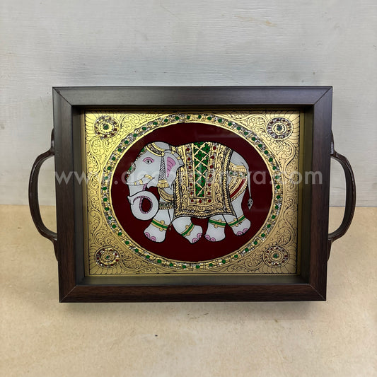 Multipurpose Elephant Tray | Reverse Glass Painting | Tanjore Artwork - PVK3
