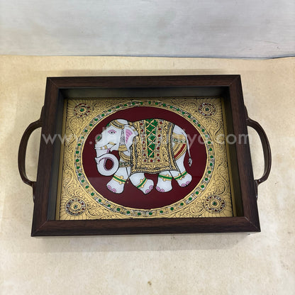 Multipurpose Elephant Tray | Reverse Glass Painting | Tanjore Artwork - PVK3