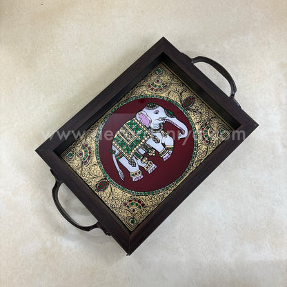 Multipurpose Elephant Tray | Reverse Glass Painting | Tanjore Artwork - PVK2