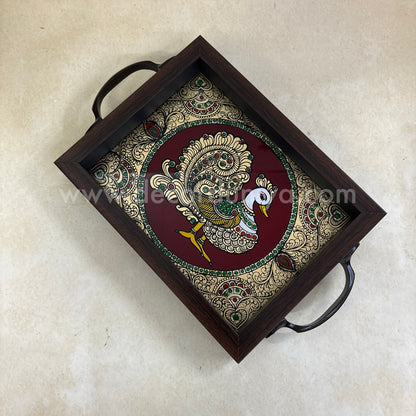 Multipurpose Peacock Tray | Reverse Glass Painting | Tanjore Artwork - PVK5