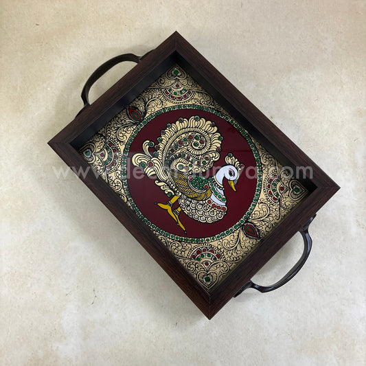 Multipurpose Peacock Tray | Reverse Glass Painting | Tanjore Artwork - PVK5