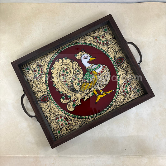Multipurpose Peacock Tray | Reverse Glass Painting | Tanjore Artwork - PVK9