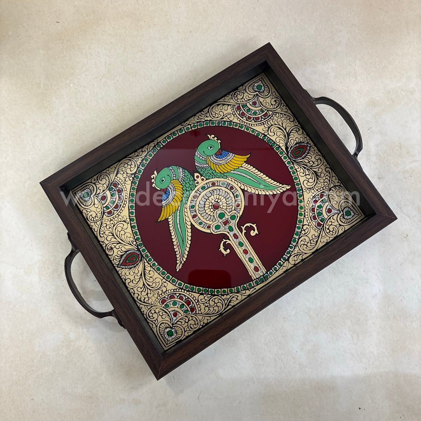 Multipurpose Double Parrot Tray | Reverse Glass Painting | Tanjore Artwork - PVK7