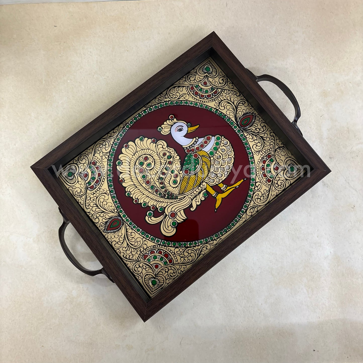 Multipurpose Peacock Tray | Reverse Glass Painting | Tanjore Artwork - PVK1