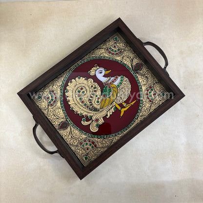Multipurpose Peacock Tray | Reverse Glass Painting | Tanjore Artwork - PVK1