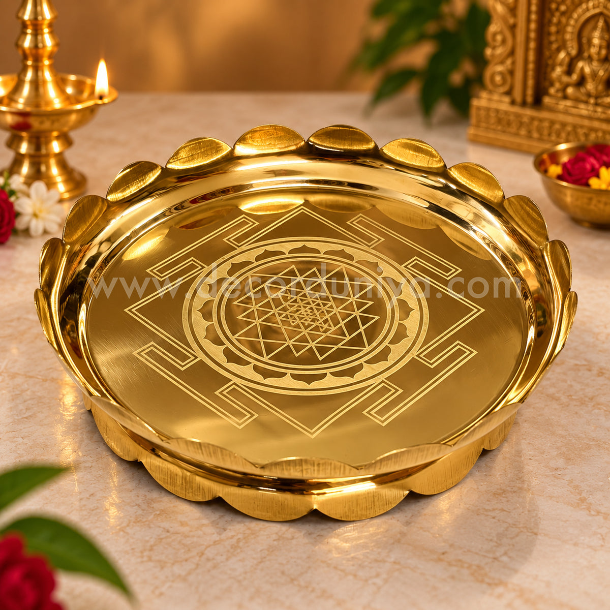 Brass Lotus Urli Bowl with Shri Chakra Engraving | Pooja & Diya Bowl | Home Temple Décor & Housewarming Gift – LB91