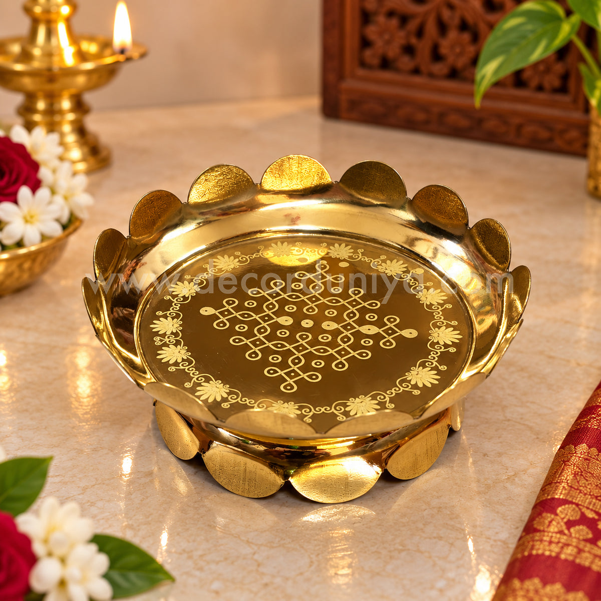 Brass Lotus Urli Bowl with Kolam Engraving | Pooja & Diya Bowl | Home Temple Décor & Housewarming Gift – LB93