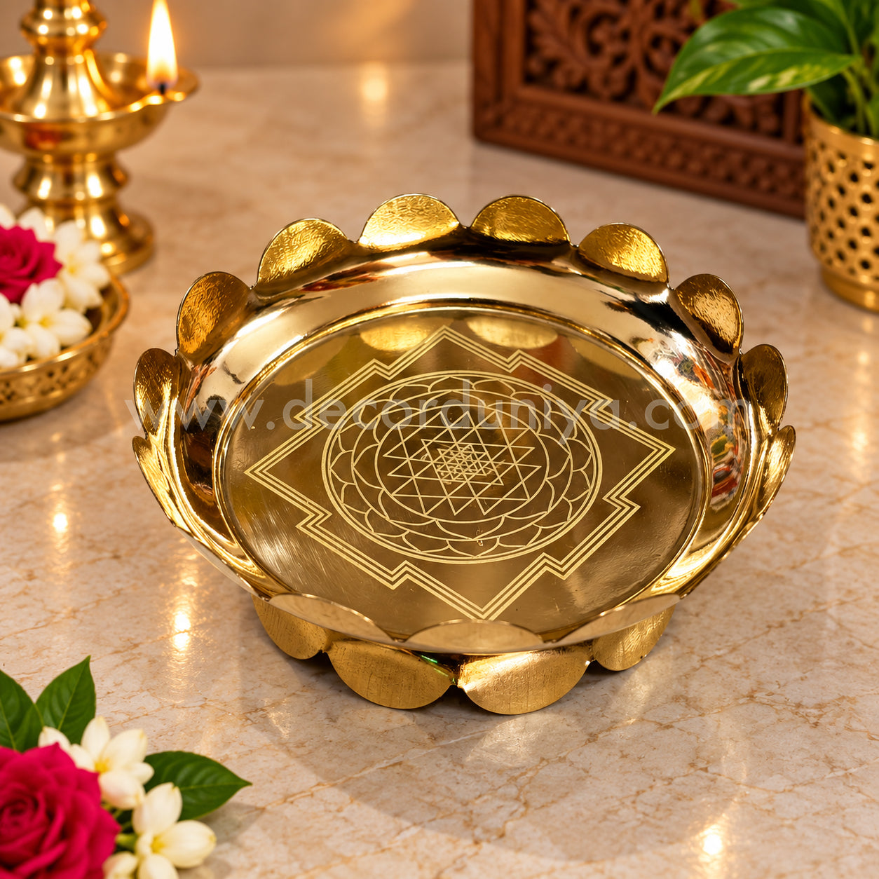 Brass Lotus Urli Bowl with Shri Chakra Engraving | Pooja & Diya Bowl | Home Temple Décor & Housewarming Gift – LB94