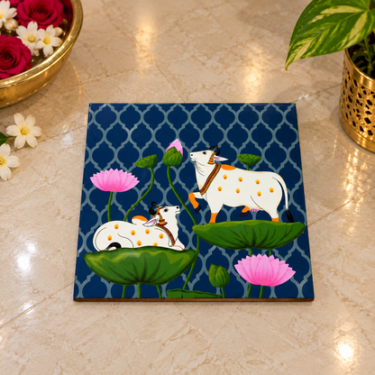 Pichwai Cow & Lotus MDF Manai | Traditional Pooja Peetam & Home Temple Decor – RM91