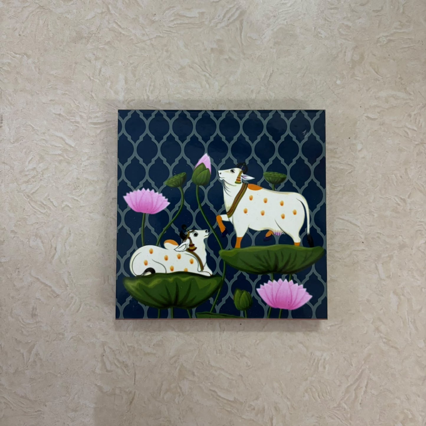 Pichwai Cow & Lotus MDF Manai | Traditional Pooja Peetam & Home Temple Decor – RM91