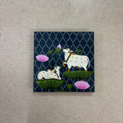 Pichwai Cow & Lotus MDF Manai | Traditional Pooja Peetam & Home Temple Decor – RM91