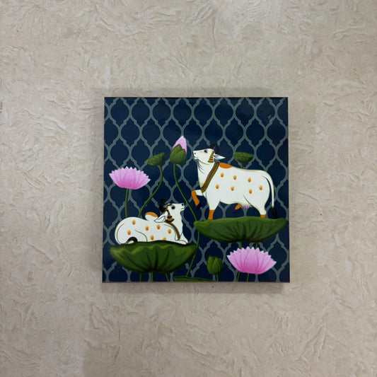 Pichwai Cow & Lotus MDF Manai | Traditional Pooja Peetam & Home Temple Decor – RM91