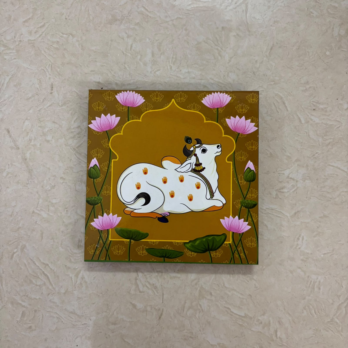 Pichwai Cow & Lotus MDF Manai | Traditional Pooja Peetam & Home Temple Decor – RM91