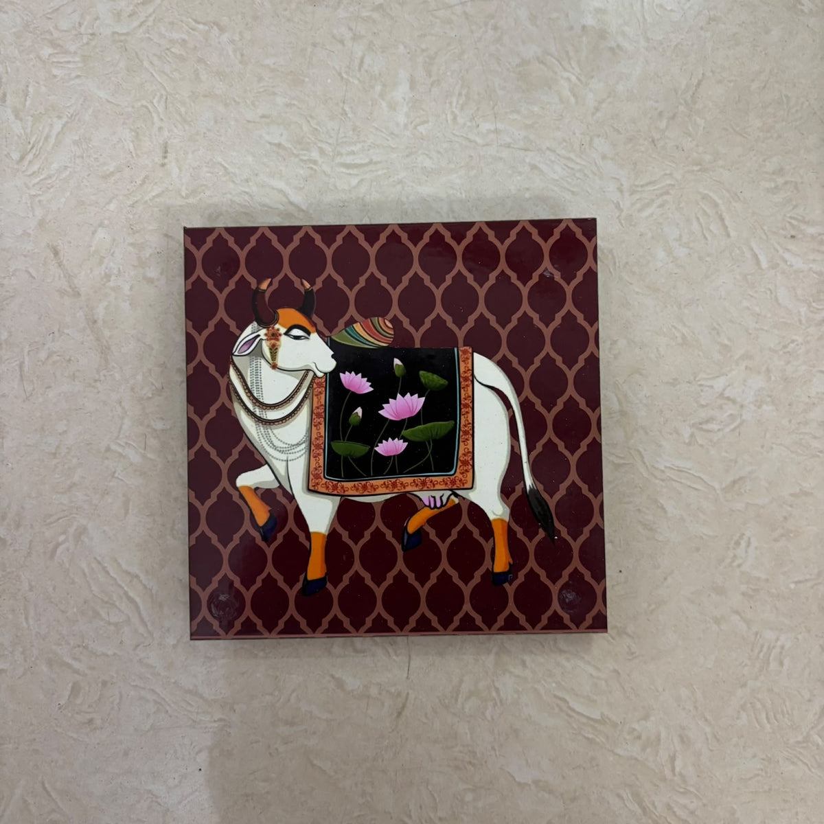 Pichwai Cow & Lotus MDF Manai | Traditional Pooja Peetam & Home Temple Decor – RM91