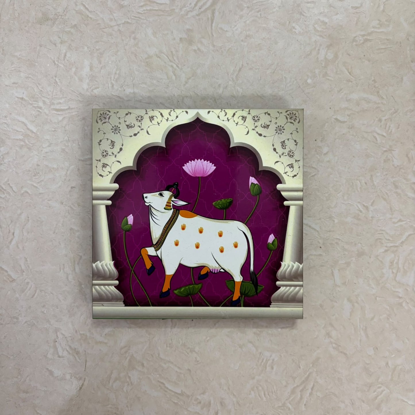 Pichwai Cow & Lotus MDF Manai | Traditional Pooja Peetam & Home Temple Decor – RM91