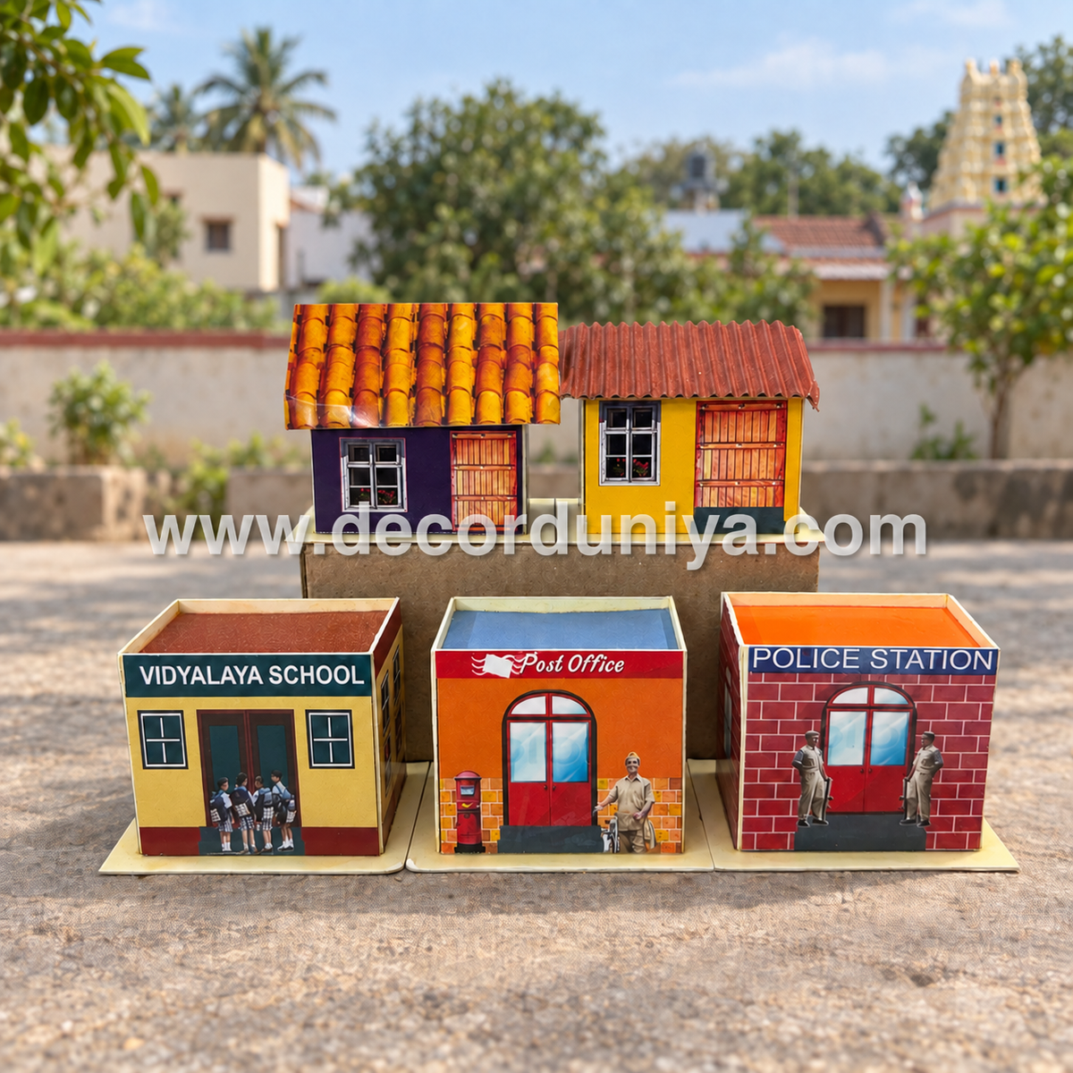 Traditional House | School | Post Office | Hut | Set of 5 Pcs | Golu Bommai | Decor Duniya Golu Dolls | Navaratri Golu Bommai - MT6