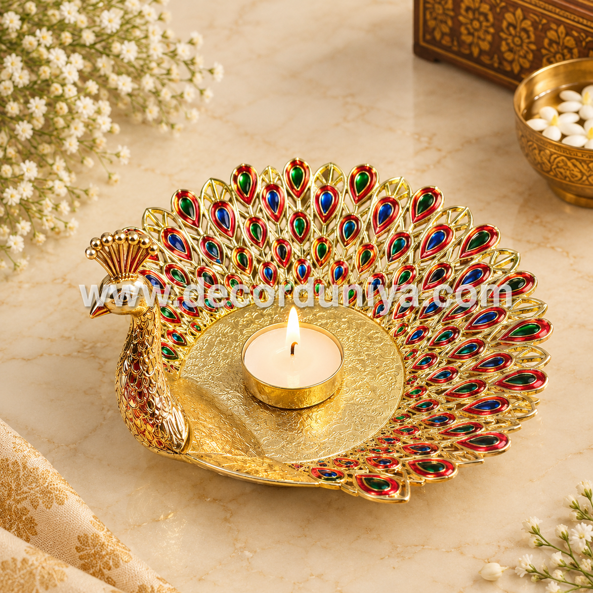 Meenakari Peacock Candle Light Holder | Multipurpose Tray - PA2