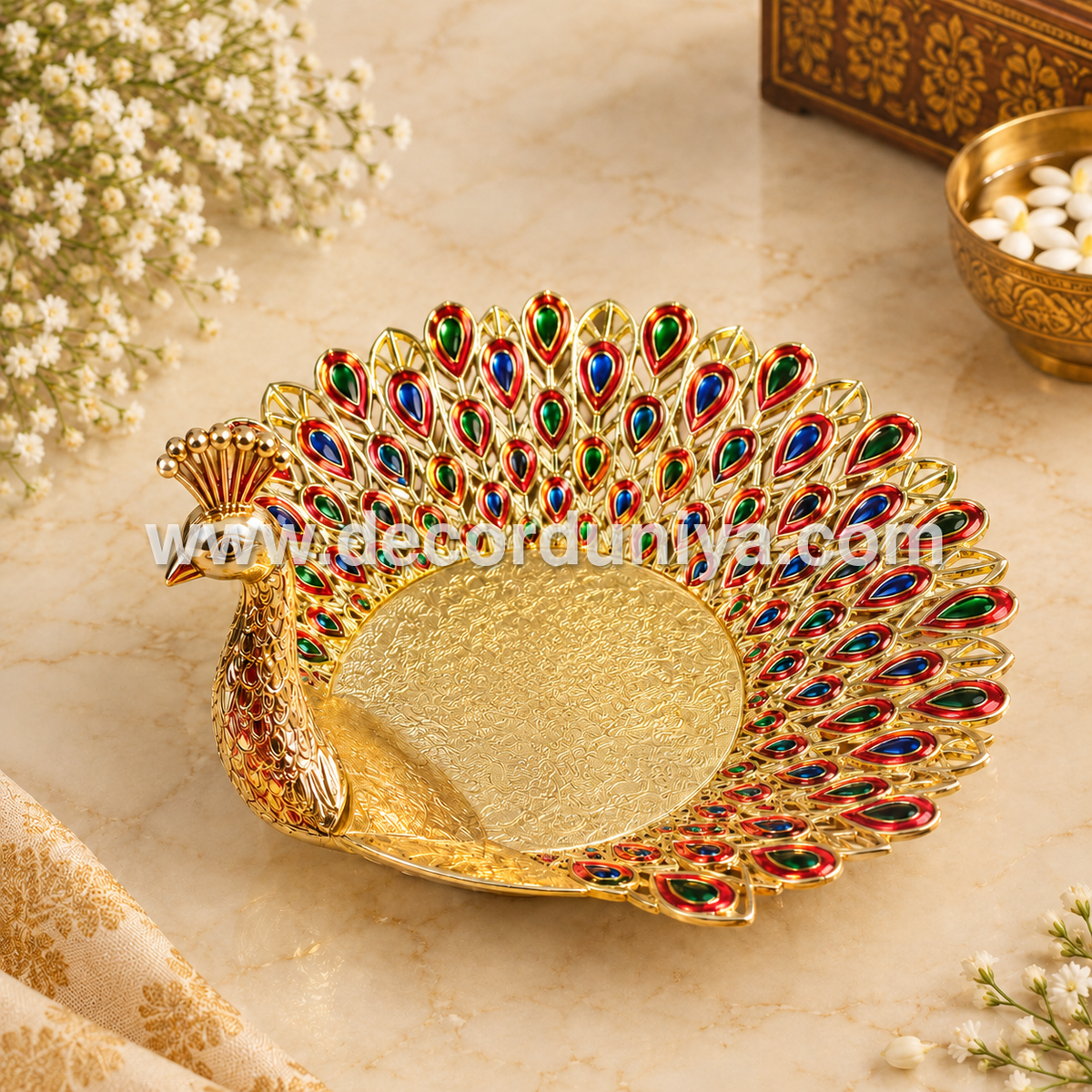 Meenakari Peacock Candle Light Holder | Multipurpose Tray - PA2