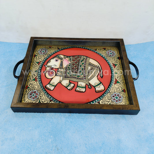 Multipurpose Elephant Tray | Reverse Glass Painting | Tanjore Artwork - RGP8