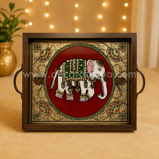 Elephant Multipurpose Tray with Reverse Glass Painting | Traditional Tanjore Art – PVK11