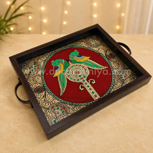 Twin Parrot Multipurpose Peacock Tray with Reverse Glass Painting | Traditional Tanjore Art – PVK12