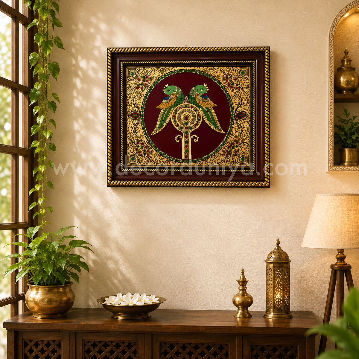 Twin Parrot Wall Hanging Frame with Reverse Glass Painting | Traditional Tanjore Art – PVK16