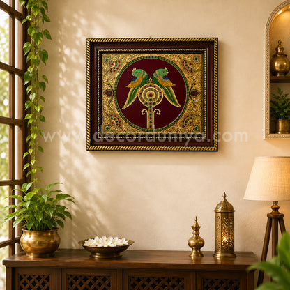 Twin Parrot Wall Hanging Frame with Reverse Glass Painting | Traditional Tanjore Art – PVK16