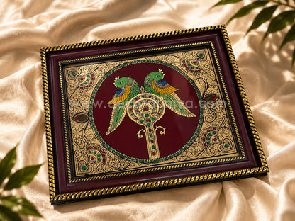 Twin Parrot Wall Hanging Frame with Reverse Glass Painting | Traditional Tanjore Art – PVK16