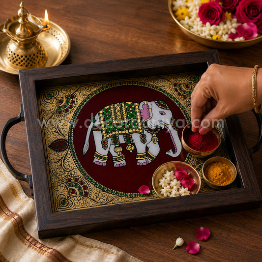Elephant Multipurpose Tray with Reverse Glass Painting | Traditional Tanjore Art – PVK2