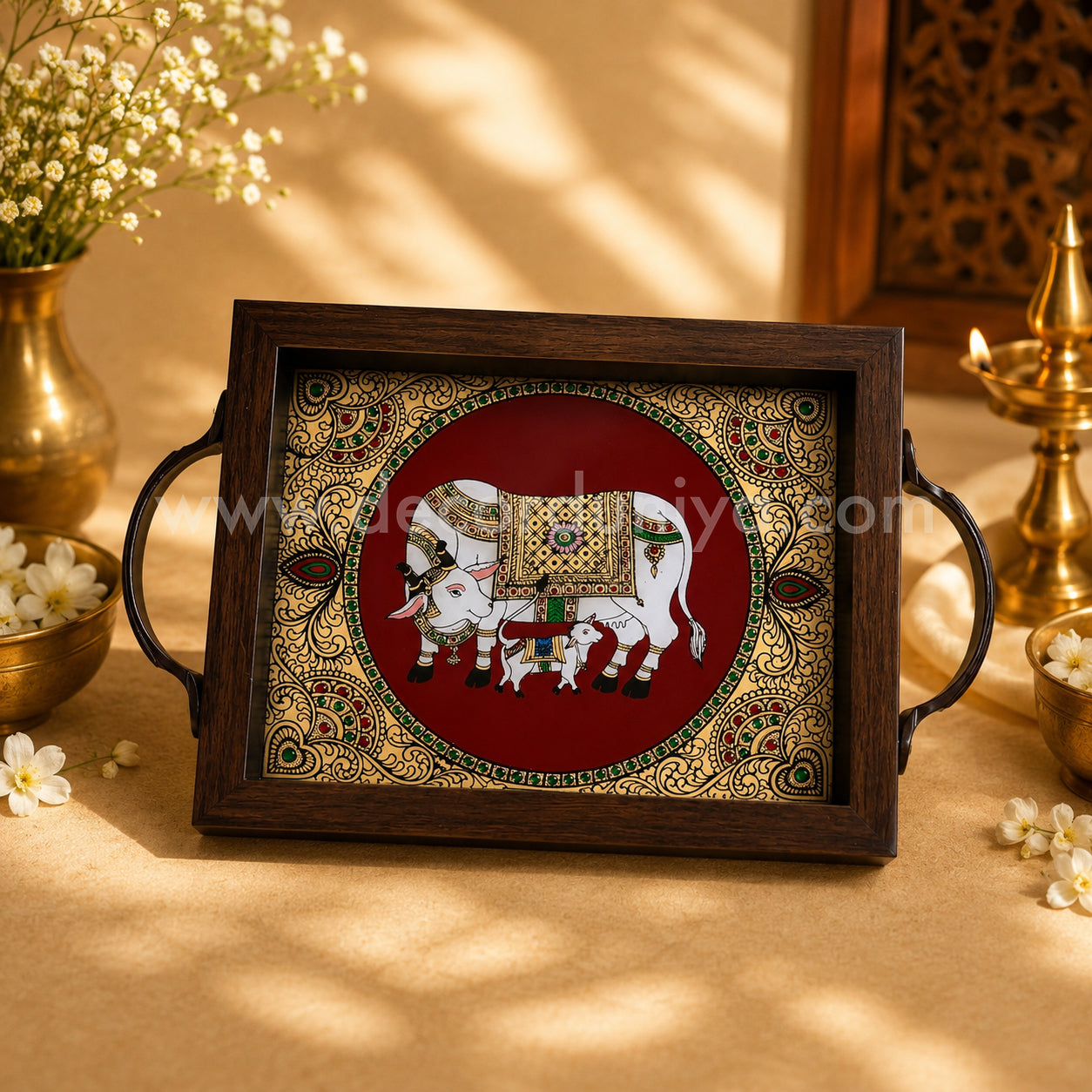 Cow & Calf Multipurpose Peacock Tray with Reverse Glass Painting | Traditional Tanjore Art – PVK21