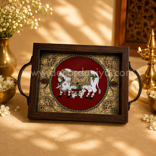 Cow & Calf Multipurpose Peacock Tray with Reverse Glass Painting | Traditional Tanjore Art – PVK21