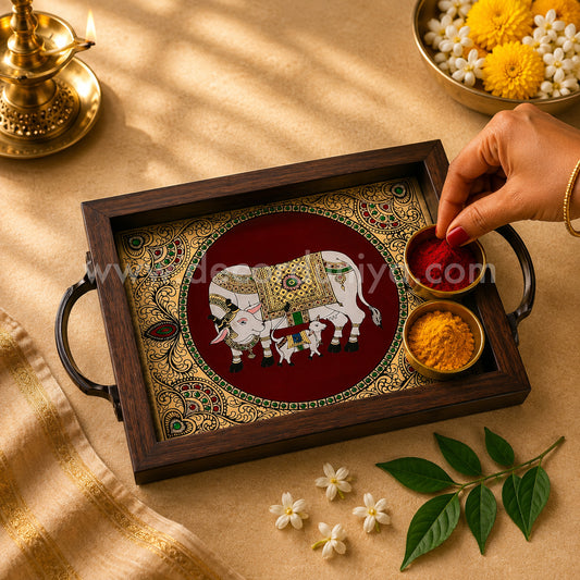 Cow & Calf Multipurpose Peacock Tray with Reverse Glass Painting | Traditional Tanjore Art – PVK21