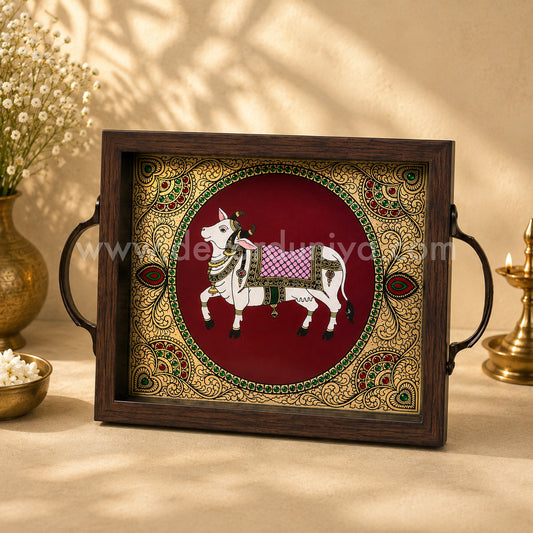 Pichwai - Multipurpose Peacock Tray | Reverse Glass Painting | Tanjore Artwork - PVK22