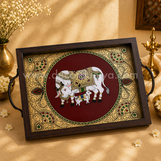 Cow & Calf Multipurpose Peacock Tray with Reverse Glass Painting | Traditional Tanjore Art – PVK23