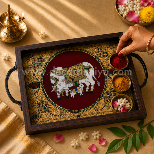 Cow & Calf Multipurpose Peacock Tray with Reverse Glass Painting | Traditional Tanjore Art – PVK23