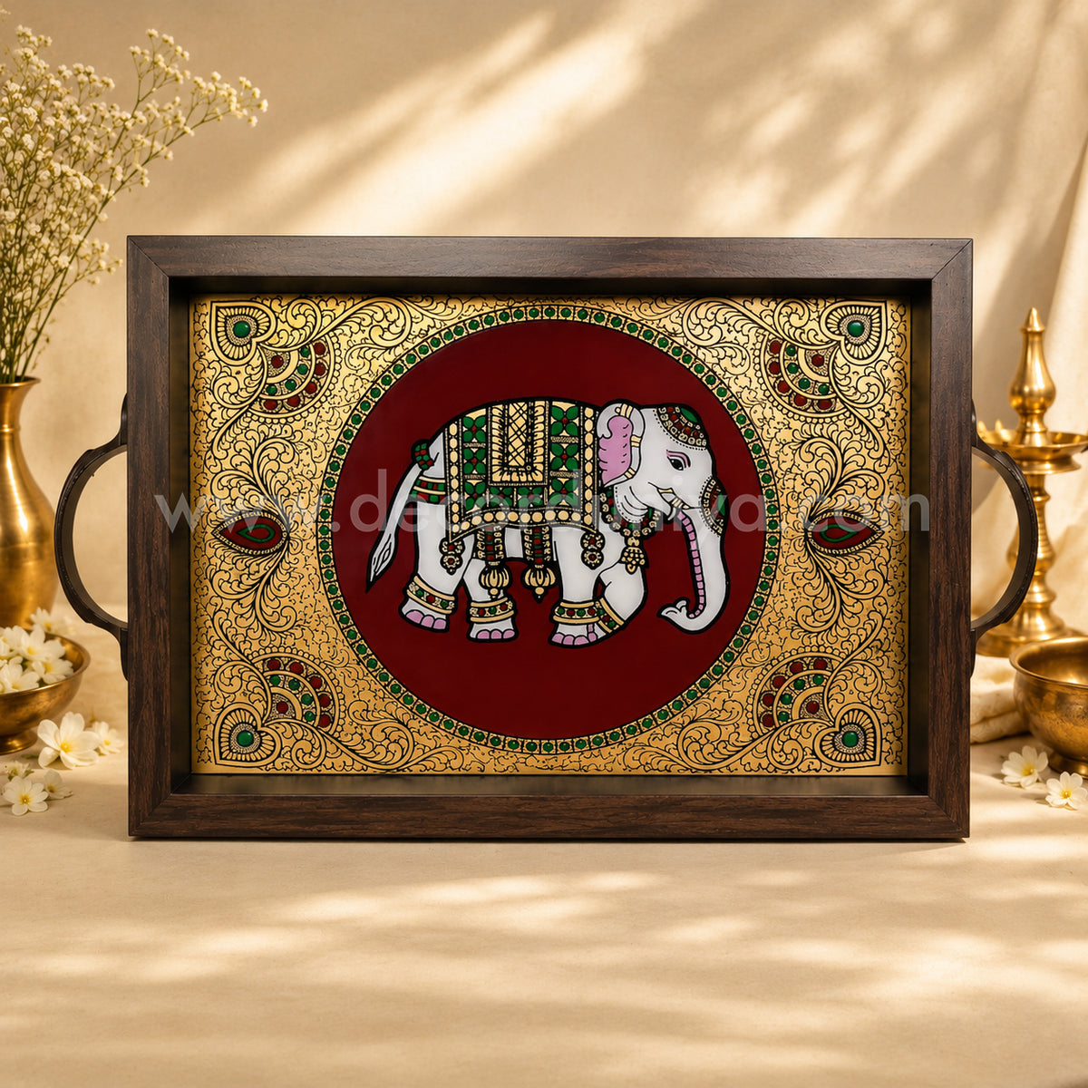 Elephant Multipurpose Tray with Reverse Glass Painting | Traditional Tanjore Art – PVK3